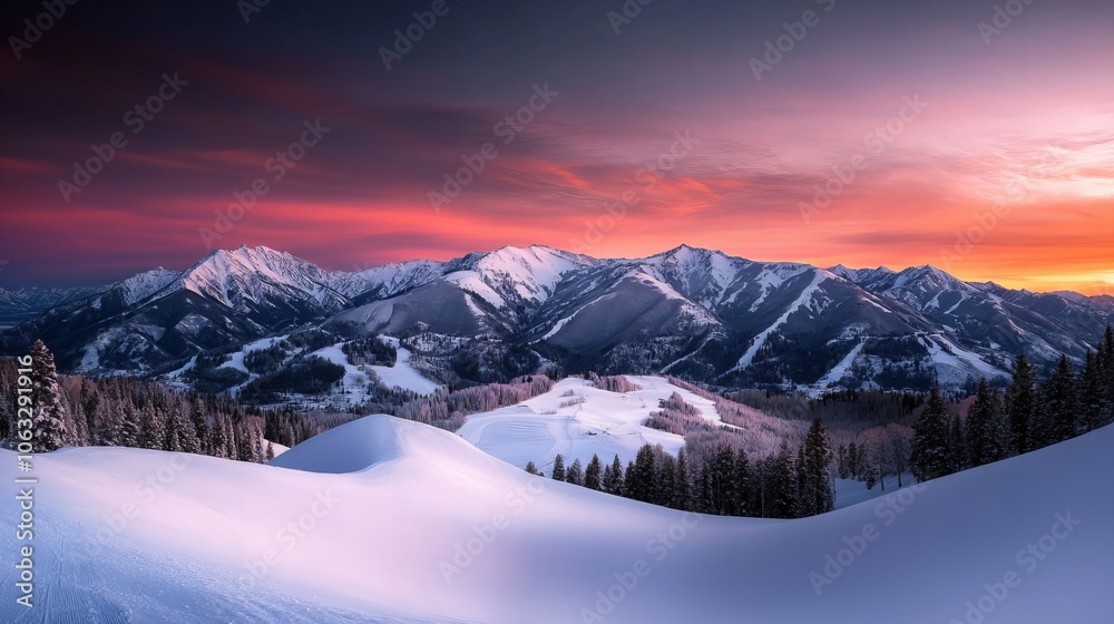 A breathtaking winter mountain landscape at sunset, with snow-covered slopes and a sky filled with rich pink and purple hues. The snow reflects the warm glow of the sky, and the distant peaks