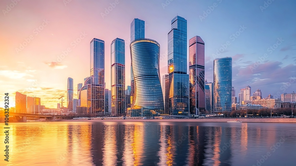 Obraz premium A panoramic view of the Moscow skyline at sunset.