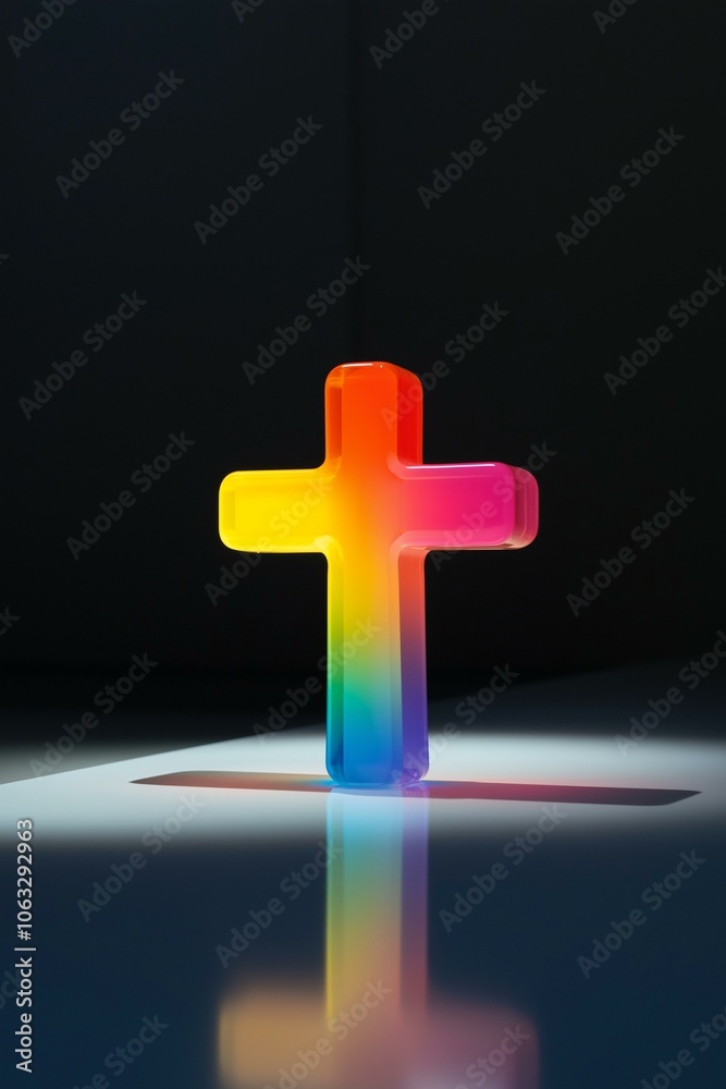 Obraz premium A luminous gradient cross radiates color, symbolizing diversity and faith against a dark backdrop.