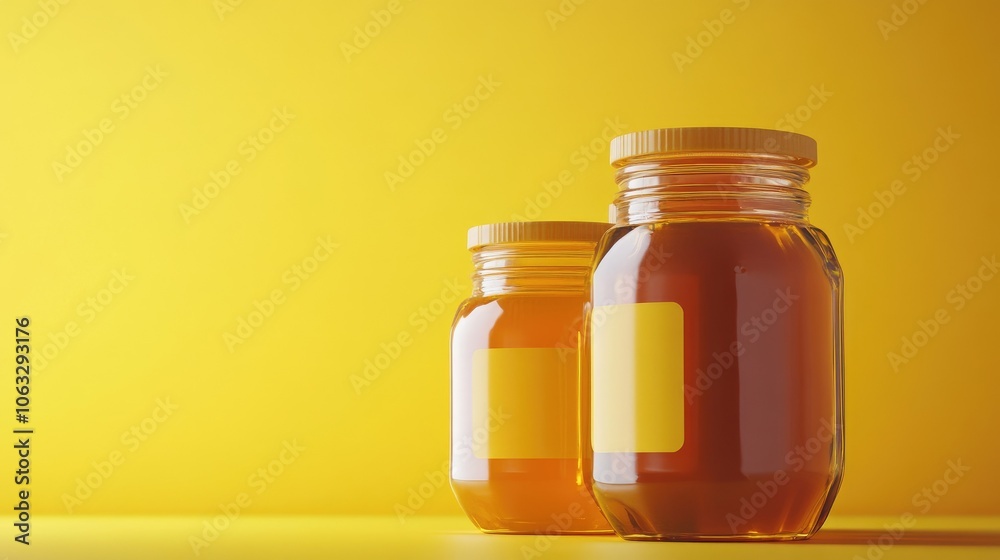 Clear Honey Jars on Vibrant Yellow Background Clear Honey Jars on Vibrant Yellow Background