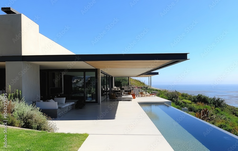 Fototapeta premium A stunning modern villa with white walls, wooden accents, and large windows