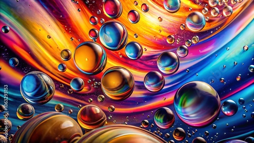 Vibrant Abstract of Oil Drops Background in Bold Colors with Long Exposure Technique Capturing the Fluid Dynamics and Colorful Patterns of Oil Droplets on Water Surface