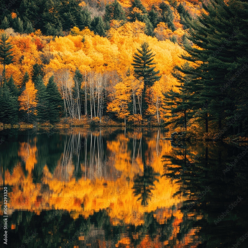 Obraz premium Golden fall foliage reflected in a peaceful lake