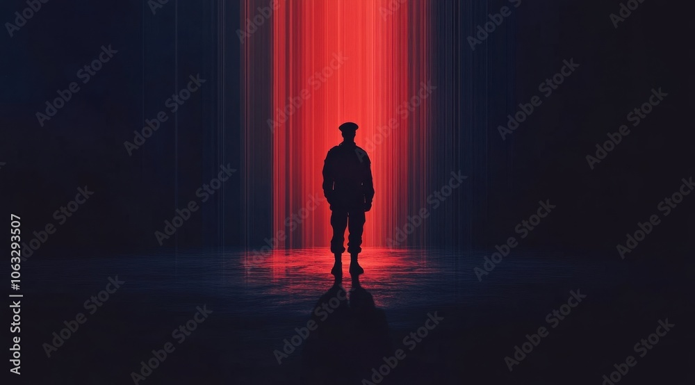 Silhouette of a soldier against a dramatic red light background Silhouette of a soldier against a dramatic red light background