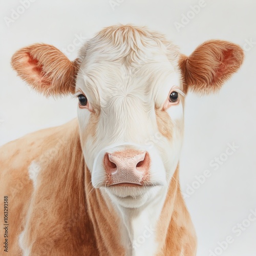 A close-up portrait of a young cow with a soft expression.