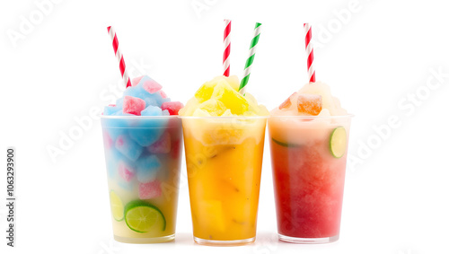 Colorful slushie of differents flavors with straw in plastic cup isolated on white background. Copy space