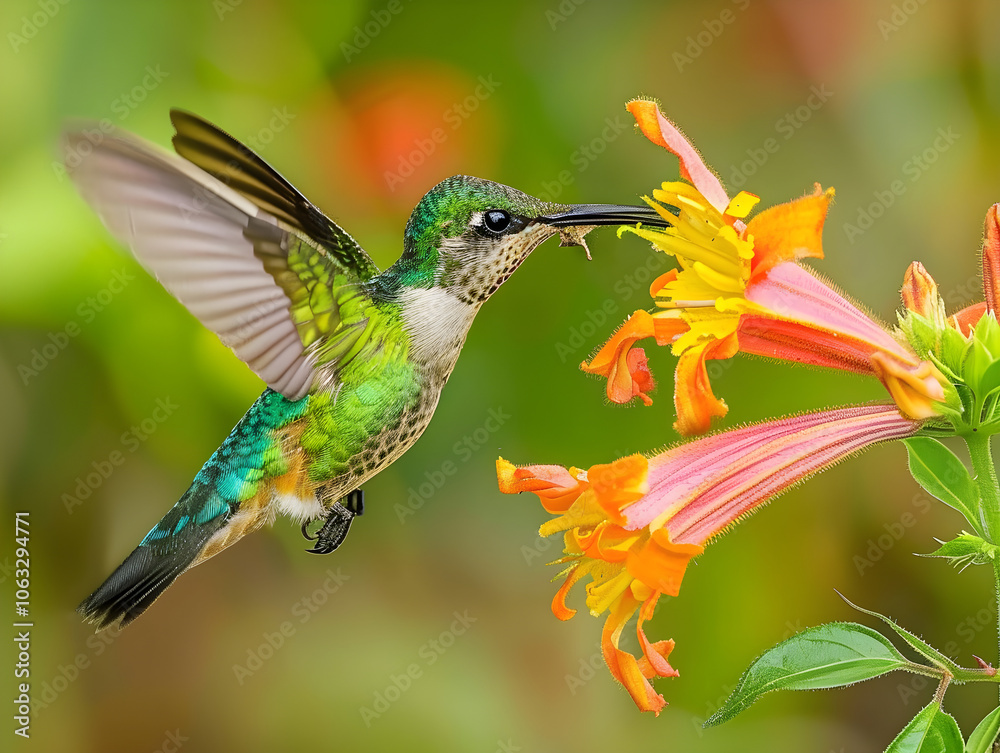Fototapeta premium A brilliant hummingbird sips nectar from a vibrant flower in a natural, raw style setting.