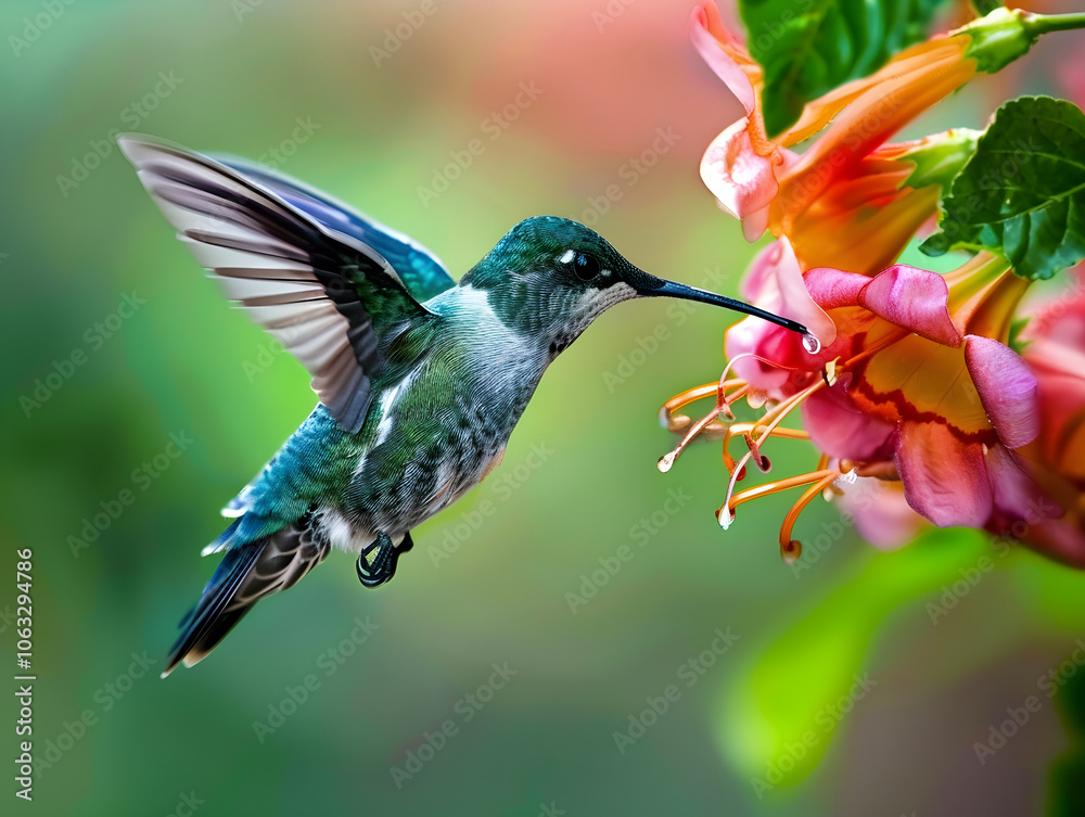 Fototapeta premium A vibrant hummingbird delicately sips nectar from a colorful flower in a natural setting.