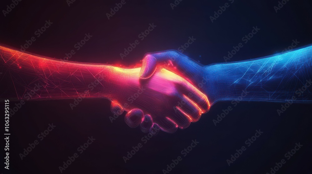 Stock illustration of two glowing hands, handshake, technology, business, trust concept Stock illustration of two glowing hands, handshake, technology, business, trust concept