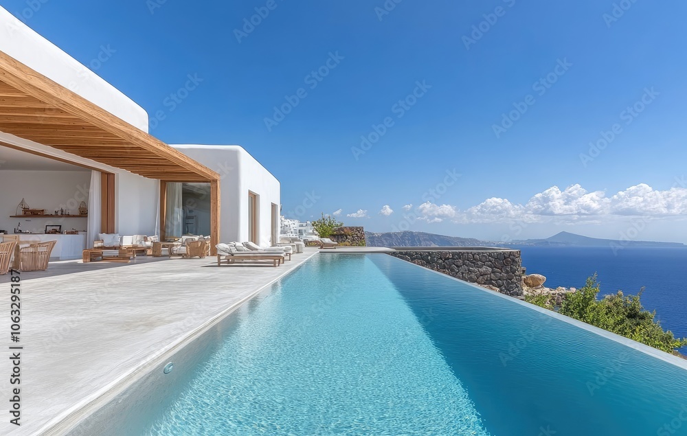 Fototapeta premium Modern villa with pool in high-end area of town, minimalist concrete and wood facade