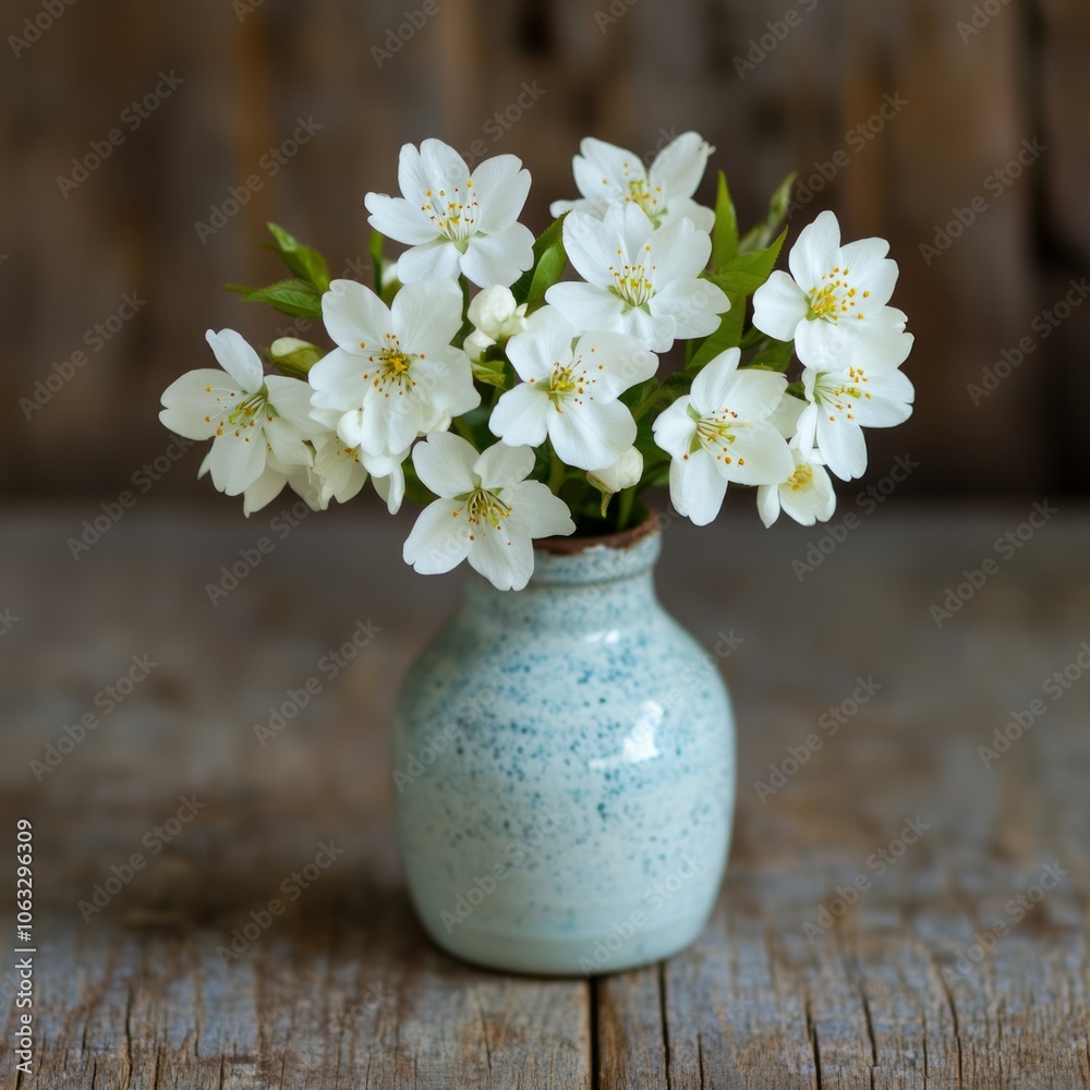 A small vase filled with white flowers against a rustic wooden background. A small vase filled with white flowers against a rustic wooden background.