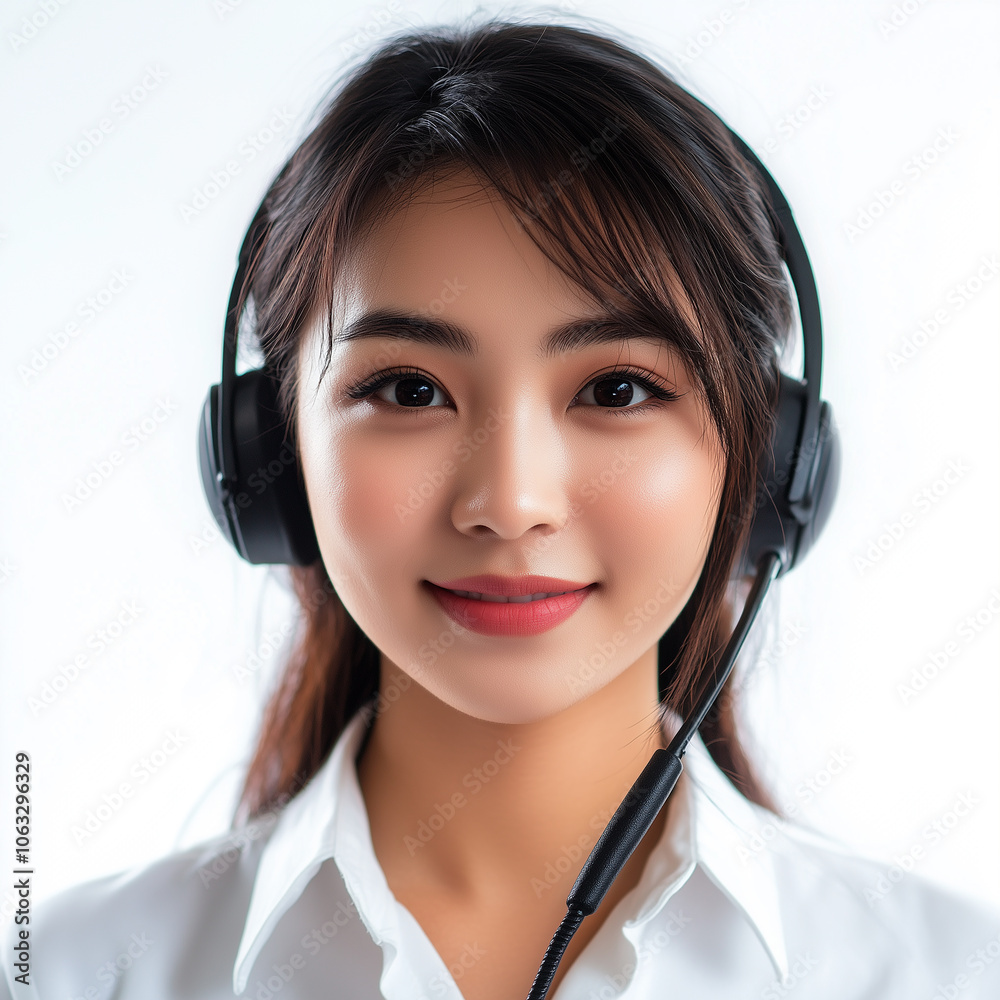 Beautiful asian girl smiling teleoperator with headset on head on white background. Copy space for text. Banner. Beautiful asian girl smiling teleoperator with headset on head on white background. Copy space for text. Banner.