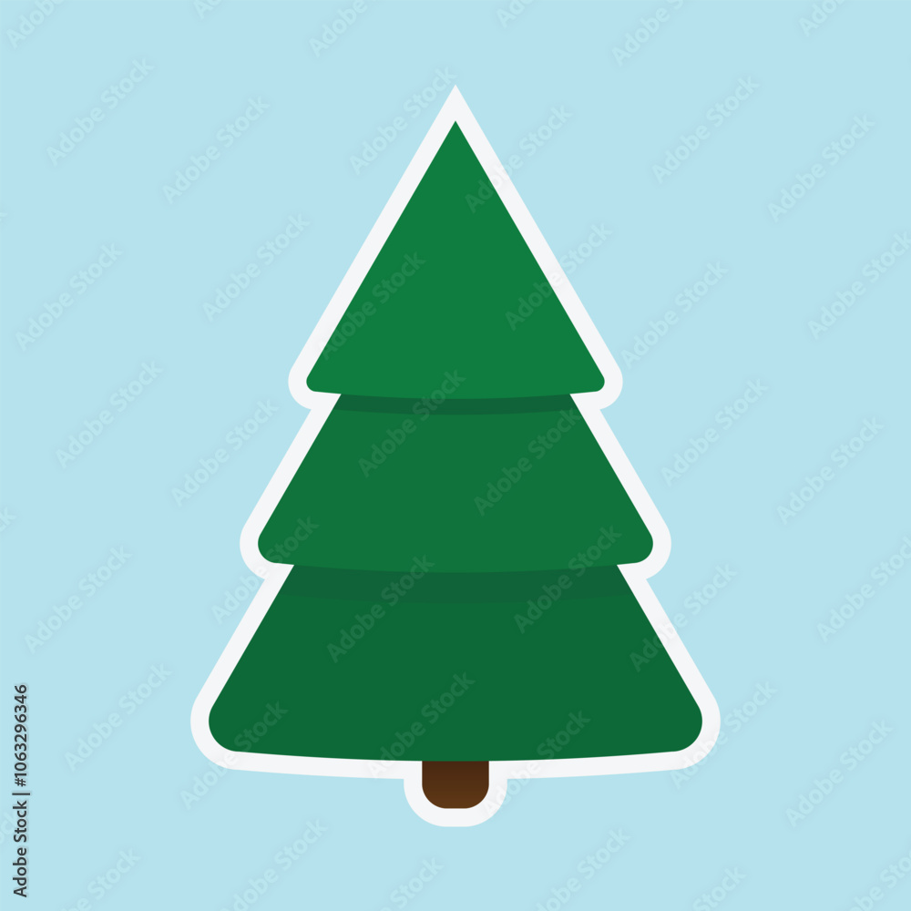 Green pine tree with white border against blue background. Vector sticker Green pine tree with white border against blue background. Vector sticker