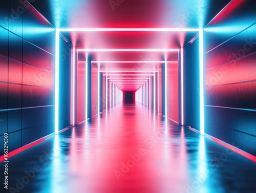 Neon lit cyberpunk hallway in an urban futuristic setting.