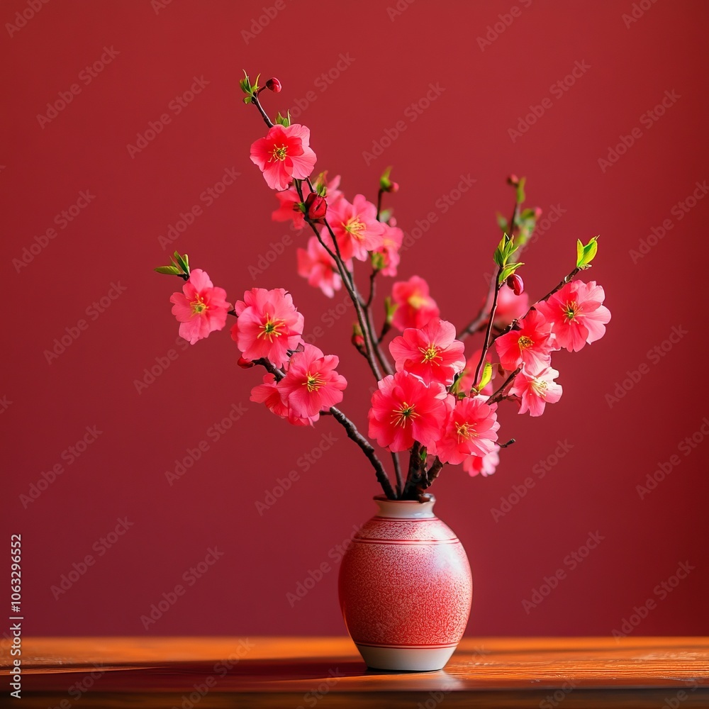 A vibrant arrangement of pink flowers in a decorative vase against a red backdrop. A vibrant arrangement of pink flowers in a decorative vase against a red backdrop.