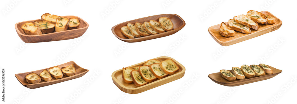 Garlic breads on wooden plates isolated on a transparent or white background, cut out, PNG Garlic breads on wooden plates isolated on a transparent or white background, cut out, PNG