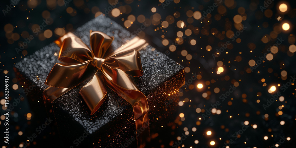 Elegant black and gold gift box with ribbon, glitter backdrop. Perfect for Black Friday sale banners.