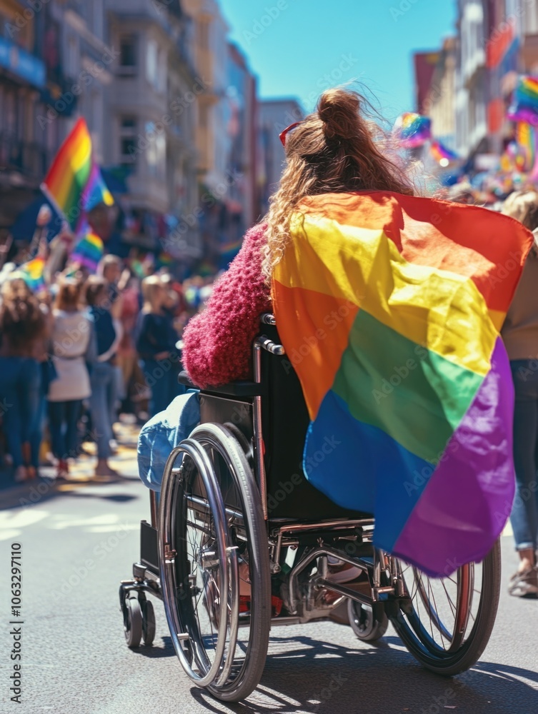 Obraz premium Woman in wheelchair participating in gay pride parade, holding rainbow flag. Inclusive community celebration of diversity and social equality.