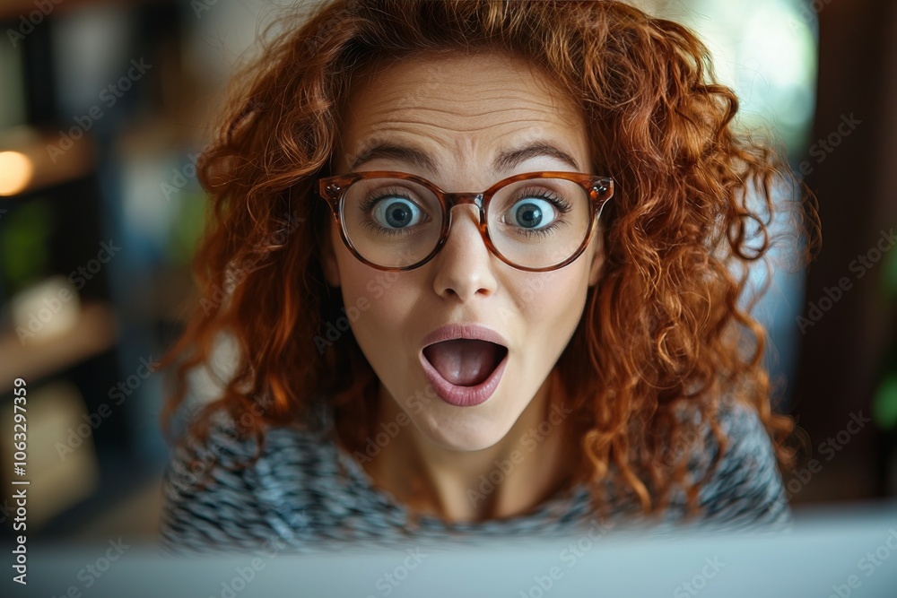 A surprised woman is working in an office at a computer. A surprised woman is working in an office at a computer.