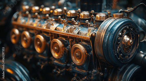 Detailed view of vintage V16 engine, industrial machinery with metal gears, powerful motor, old-fashioned tractor equipment, intricate mechanical design photo