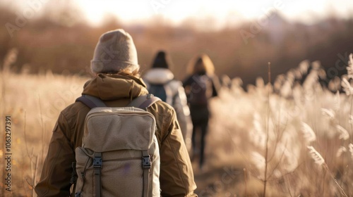 A group of friends walks through tall grass in a serene setting, captured in a soft, warm light, showcasing nature and companionship.
