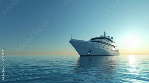 Super yacht cruising on horizon. Clear skies. Calm water.