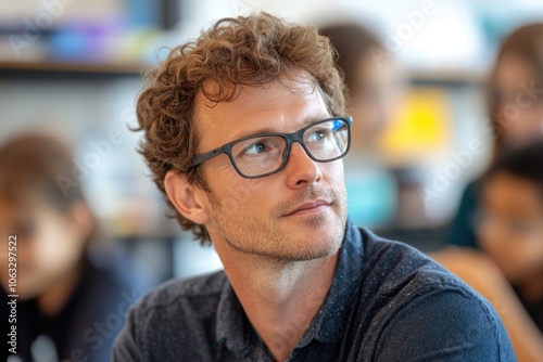 A man with glasses sits among a group of children, likely teaching or leading an activity