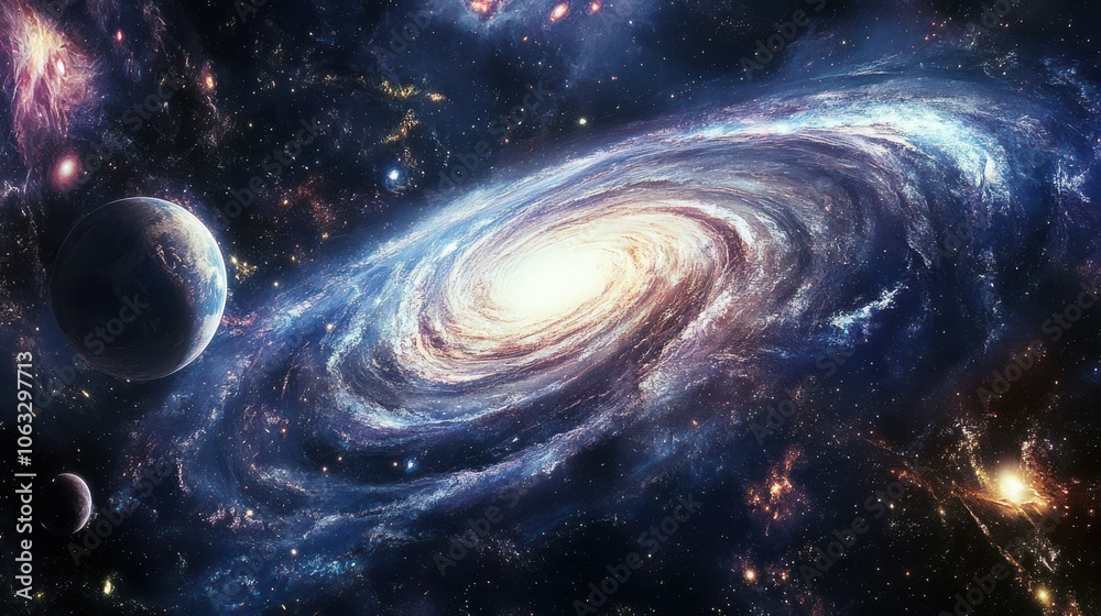 Swirling Galaxy in Cosmic Voyage, Celestial Dance of Stars and Nebula, Dynamic Galactic Core with Distant Planet and Glowing Energy in Space, Stunning Visual of Dark Matter and Stellar Formation Swirling Galaxy in Cosmic Voyage, Celestial Dance of Stars and Nebula, Dynamic Galactic Core with Distant Planet and Glowing Energy in Space, Stunning Visual of Dark Matter and Stellar Formation