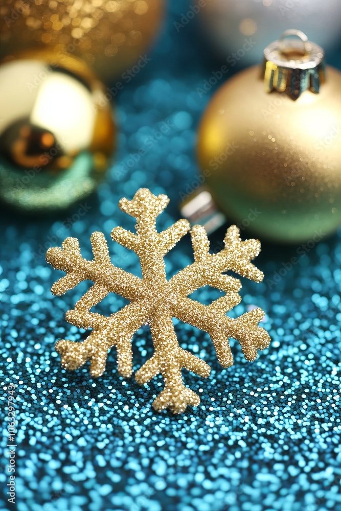 A golden snowflake ornament surrounded by shiny holiday decorations. A golden snowflake ornament surrounded by shiny holiday decorations.