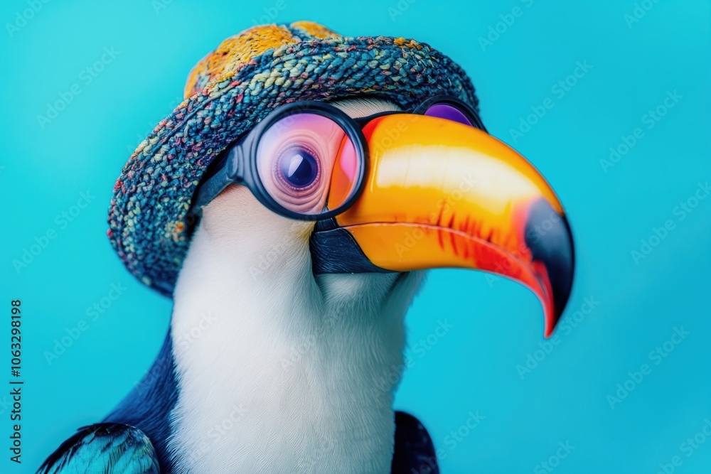 Naklejka premium A colorful toucan perched on a branch, dressed in human attire