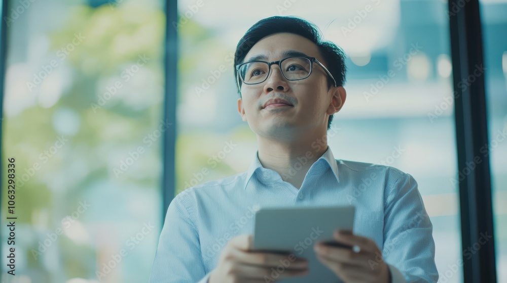 Tablet, thinking and Asian business man with creative idea, mindset or planning future. Vision, tech and happy worker in startup office for insight, solution or inspiration for design project online Tablet, thinking and Asian business man with creative idea, mindset or planning future. Vision, tech and happy worker in startup office for insight, solution or inspiration for design project online