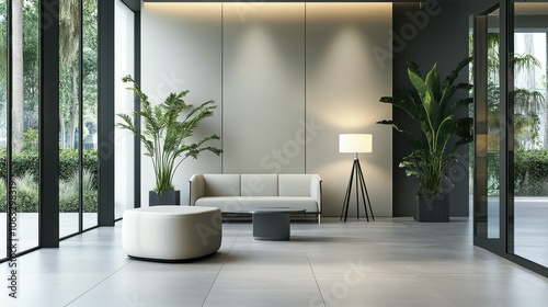 Fototapeta Naklejka Na Ścianę i Meble -  Lobby waiting area, modern, grey flooring, off white seating, large fixed glass on 2 sides, standing lamp, tall plants, overlooking outside garden.
