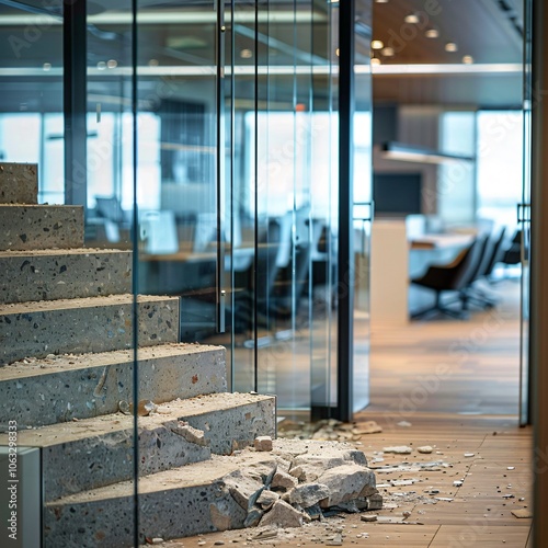 Modern Office with Damaged Stairs and Construction Debris