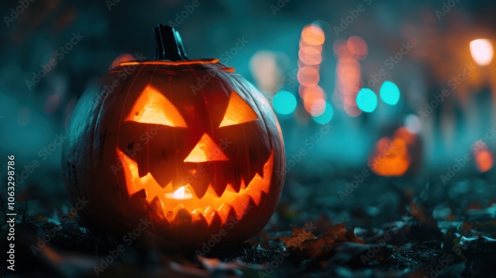 A glowing jack-o'-lantern with a menacing face sits among leaves, illuminated by spooky blue and orange lights, creating a Halloween ambiance. A glowing jack-o'-lantern with a menacing face sits among leaves, illuminated by spooky blue and orange lights, creating a Halloween ambiance.