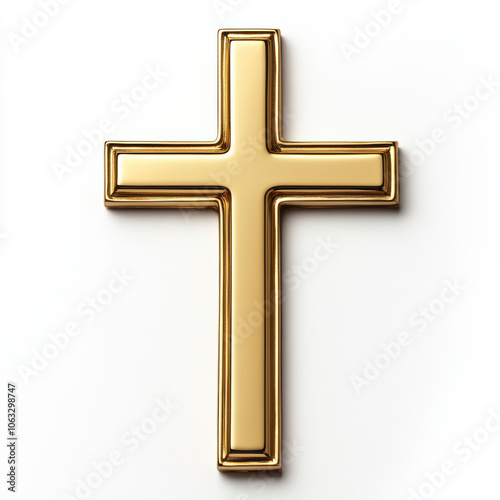 Shiny gold cross on white background, religious symbol, close-up, simple elegance, spirituality, golden Christianity, faith, sacred, clean minimalist design, devotion