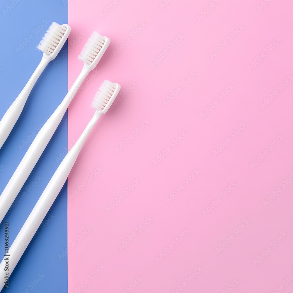Three white toothbrushes on a split blue and pink background. Three white toothbrushes on a split blue and pink background.