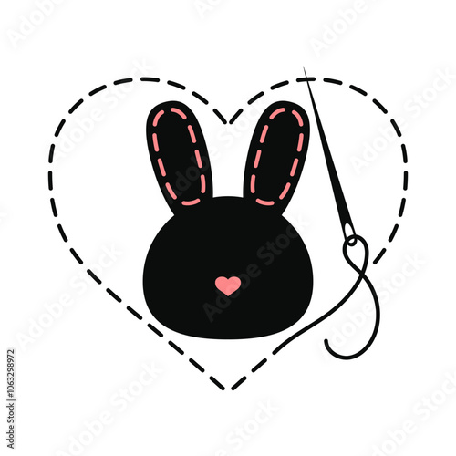 Silhouette of bunny head and heart with interrupted contour. Copy space animal vector illustration of handmade work with embroidery thread and sewing needle on white background.