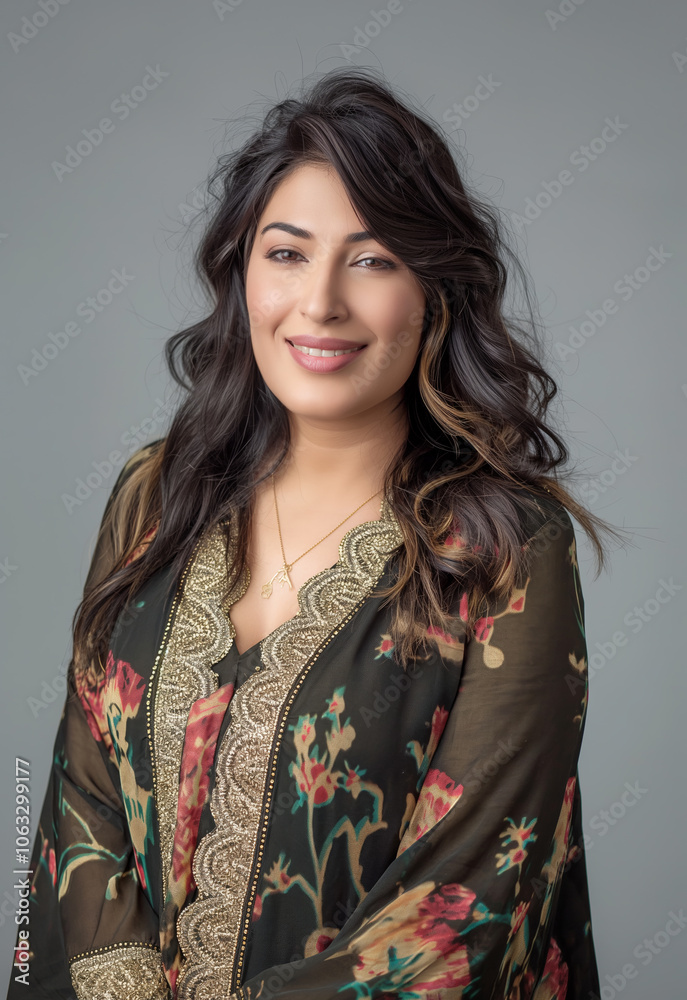 Stunning Modern Indian Woman in Ethnic Dress and Fashion Accessories, Smiling Studio Portrait, Head to Waist Shot Stunning Modern Indian Woman in Ethnic Dress and Fashion Accessories, Smiling Studio Portrait, Head to Waist Shot
