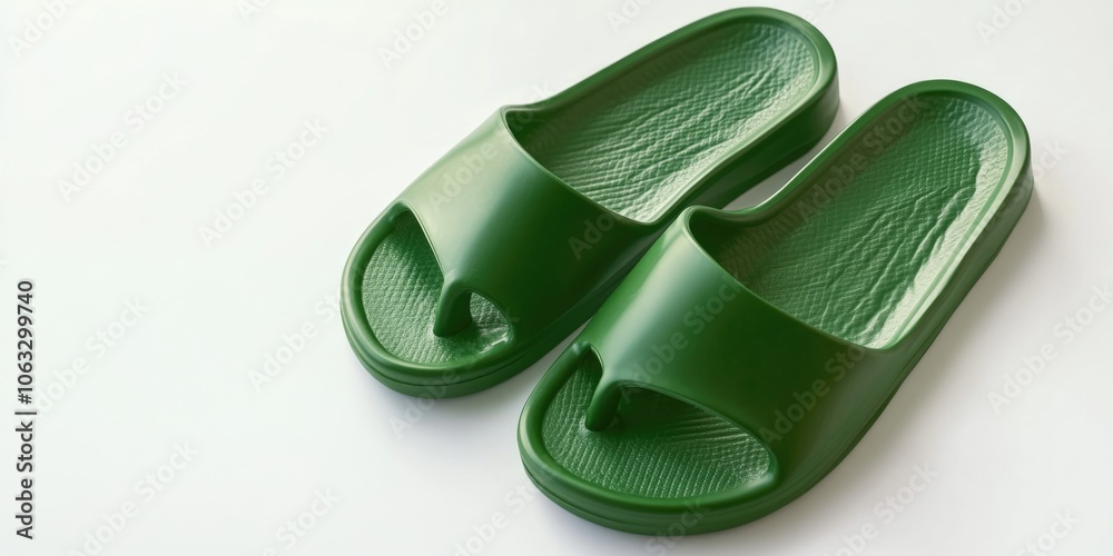 Pair of green flip flops against a light background, likely for summer wear or beach attire. Pair of green flip flops against a light background, likely for summer wear or beach attire.