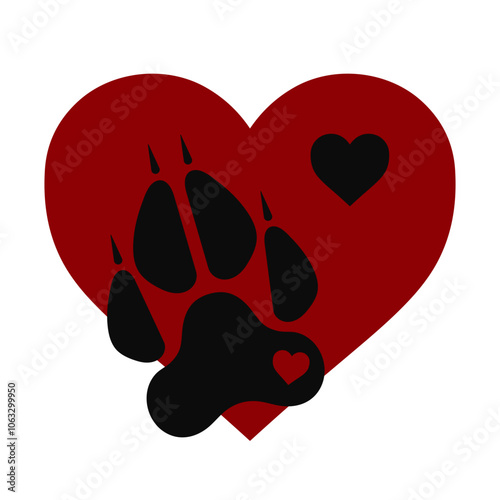 Silhouette of black wolf paw print and dark red heart. Isolated vector illustration on white background. photo