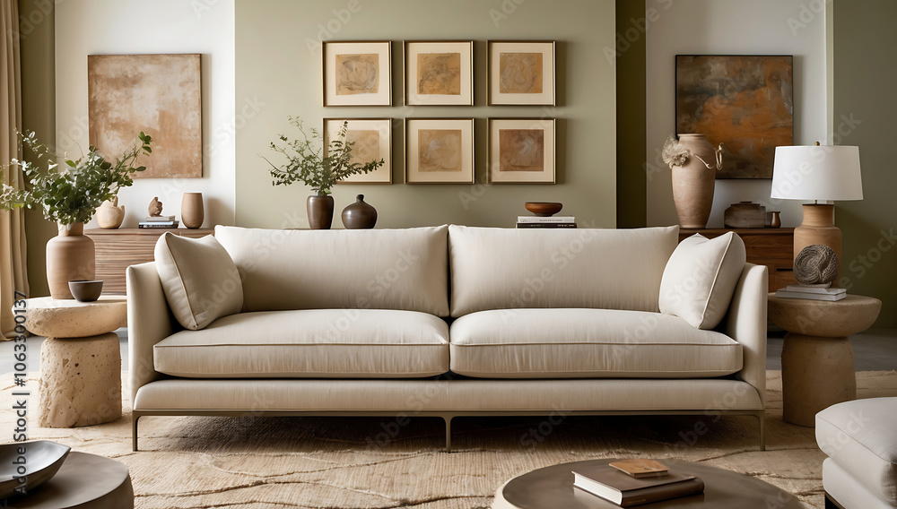 Fototapeta premium Modern composition of japandi interior with design beige sofa, natural colors paintings, stone tables, stylish furniture, decoration and personal accessories. Home decor. Template.