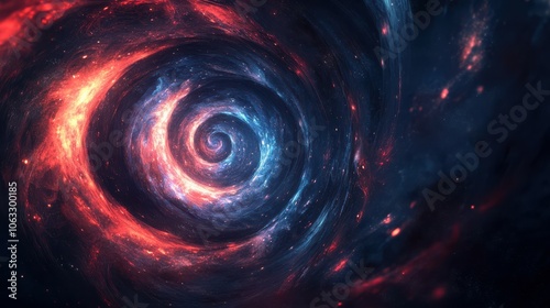 There is a spiral with red and blue colors. There is a circle orbit rotation in the background.