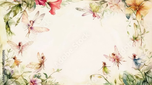 The illustration set depicts a flower frame encircled by fairies in watercolor