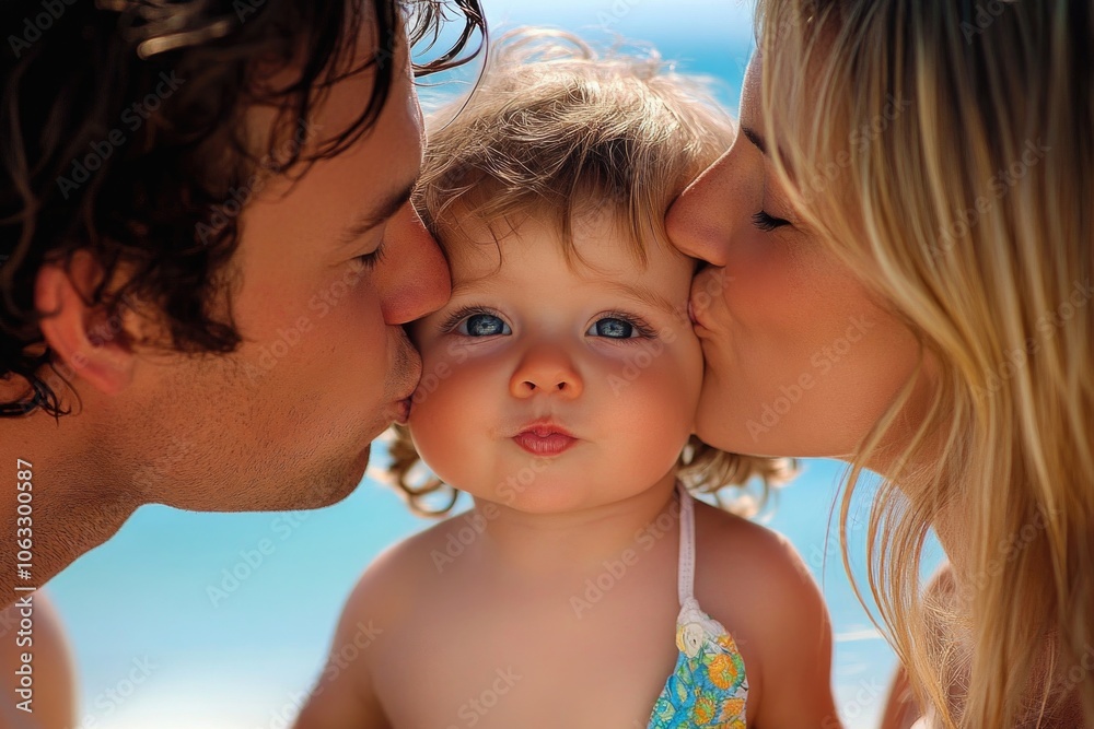 A romantic family moment on the beach, perfect for a loving family photo or a warm vacation scene A romantic family moment on the beach, perfect for a loving family photo or a warm vacation scene