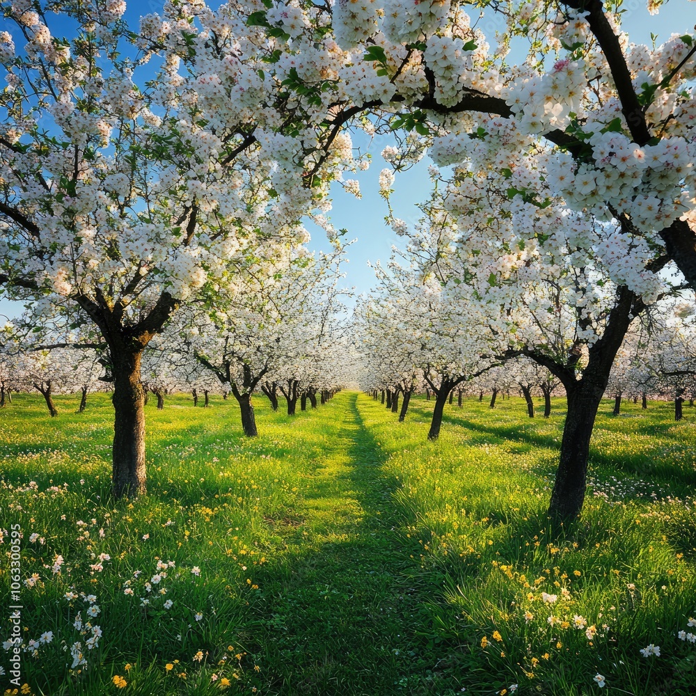 Spring orchard with fruit trees in full blossom Spring orchard with fruit trees in full blossom