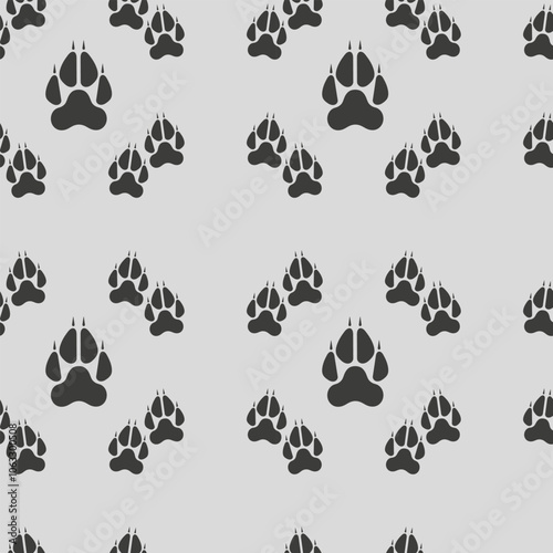 Wolf dog paw pawprint seamless pattern in flat design on gray background. Decorative endless backdrop animal tracery for fabric, textile, backdrop, wrapping paper. Vector illustration