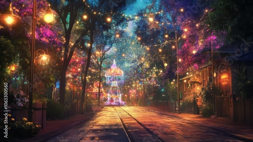 The road to the amusement park, beautiful lights.