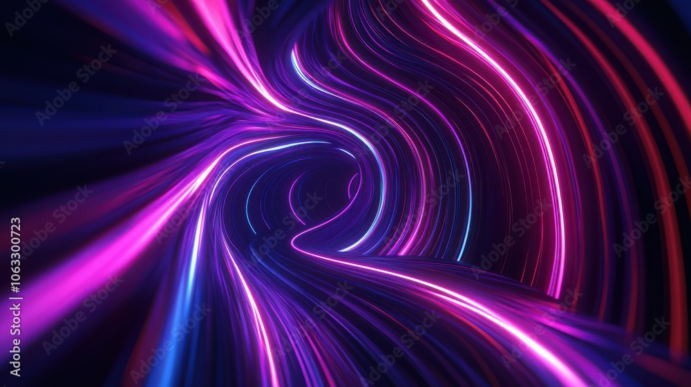Wavy neon line moves endlessly inside the dark tunnel. Seamless animated background. Wavy neon line moves endlessly inside the dark tunnel. Seamless animated background.
