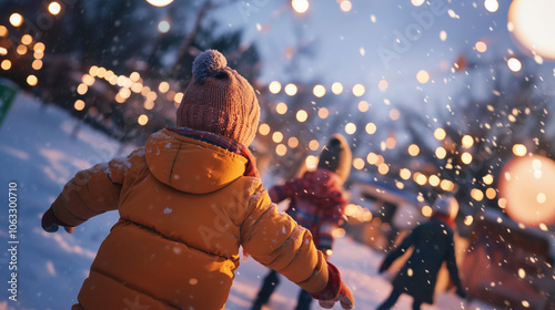 Children playing in the snow under festive lights