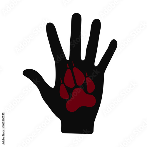 Silhouette of black human hand and red wolf paw. Isolated vector illustration on white background